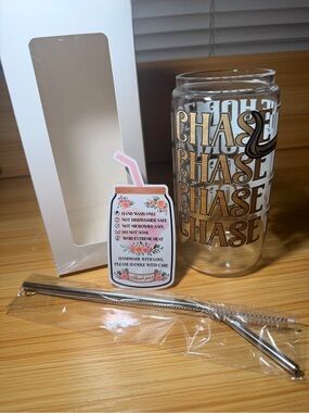 “CHASE THE HORIZON” 16 oz custom glass tumbler with bamboo lid & straw